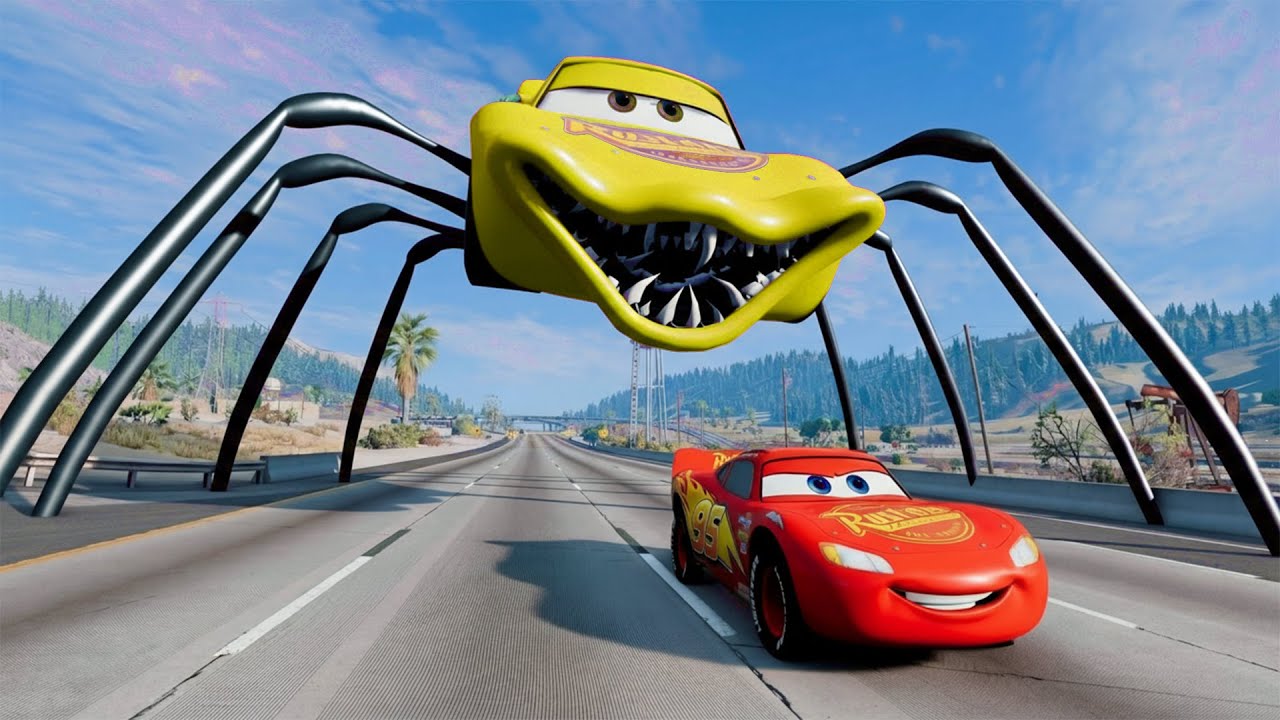 Giant SPIDER McQueen Eater Car VS Lightning McQueen Escape From Monster | Lightning McQueen Cars 3