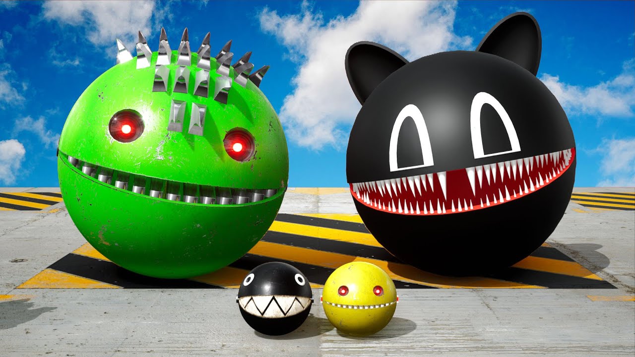 Robot Pacman VS Cartoon Cat with Pacman and Chain Chomp in Crazy Maze in New York