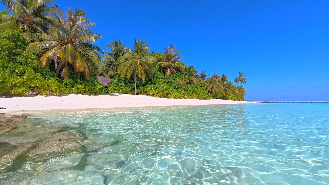 Maldives Atoll 🏝 Turquoise Ocean off Maamunagau Island. Ocean waves 4K Ultra HD