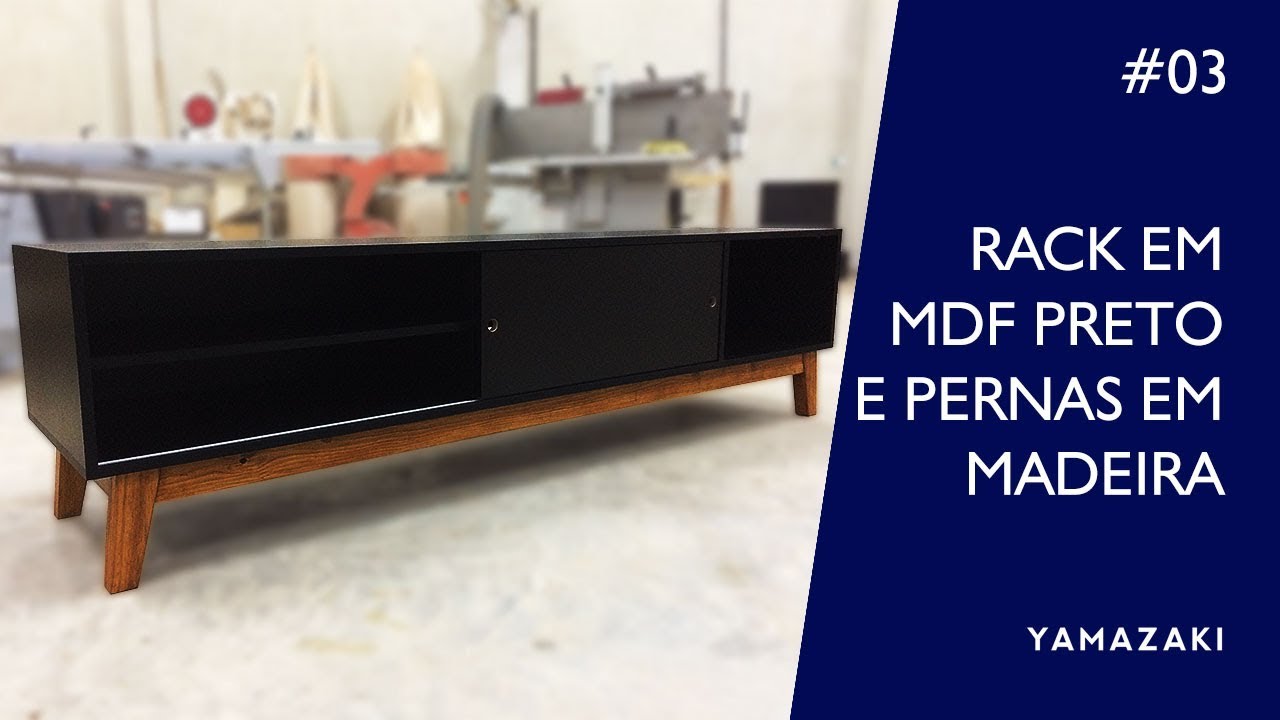 Rack em mdf preto e pernas em madeira pinus - Marcenaria #03