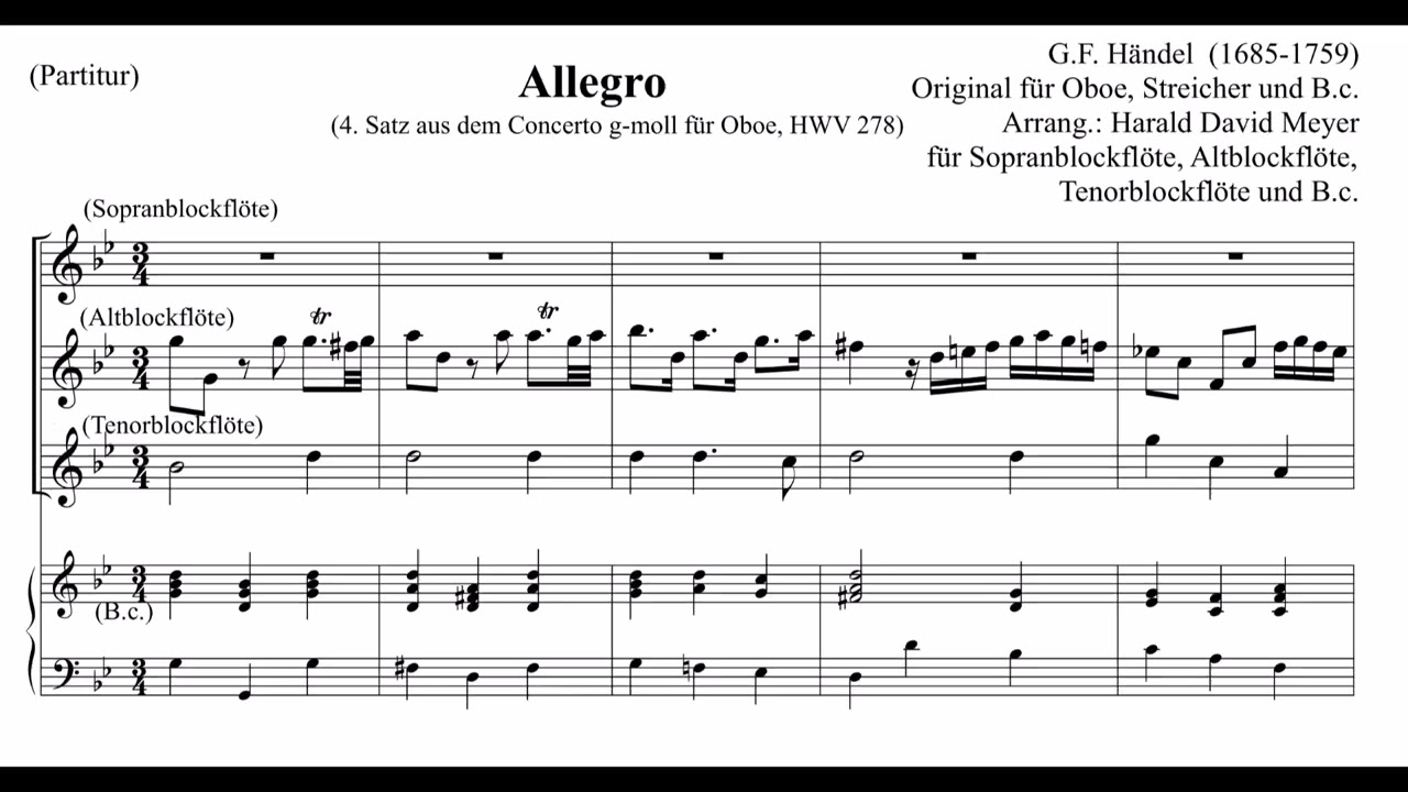 G.F. Händel: Concerto G-moll, HWV 278 (Bearbeitung für Blockflöten)