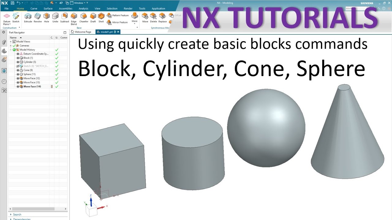 Siemens NX Modeling tutorials #11 | Create Basic Blocks Command - Block, Cylinder, Sphere, Cone