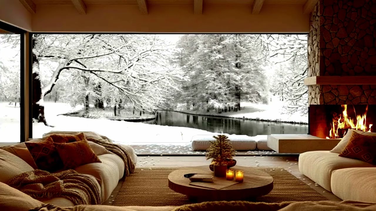 🌨️Snowy Lake Serenity ❄️ Ducks Drift By & Fireplace Glow 🔥 Melt the Stress Away