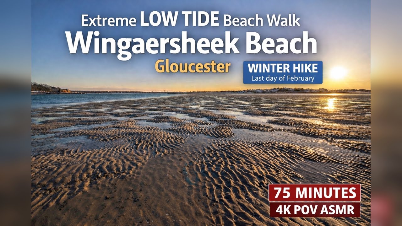 75 Minute Winter Walk at Extreme Low Tide | Wingaersheek Beach Gloucester MA | 4K POV ASMR Sunset