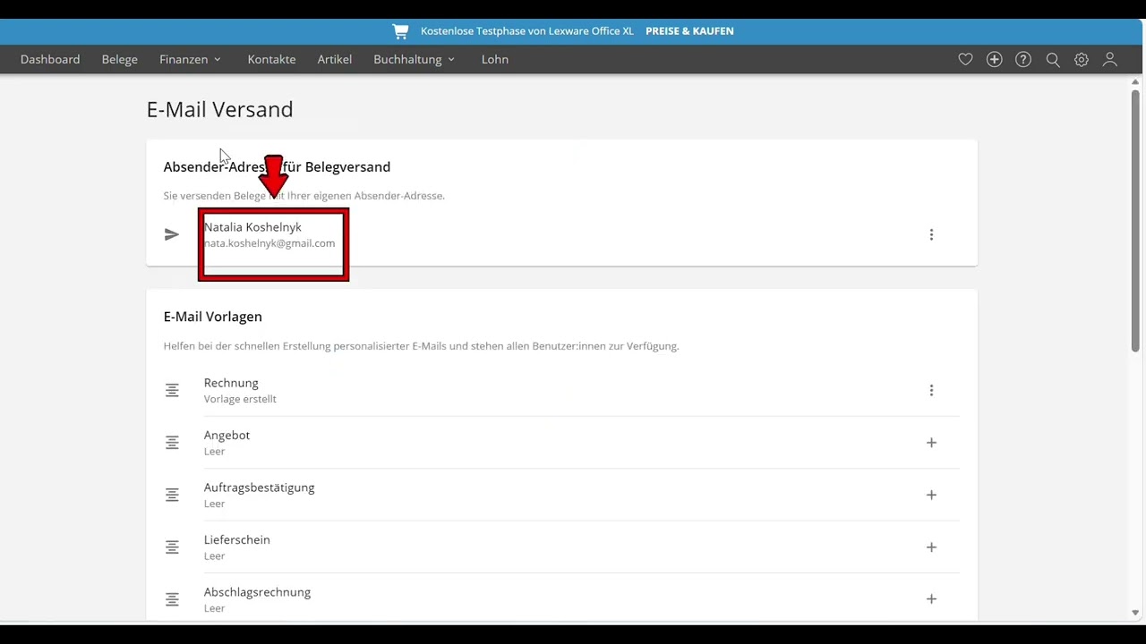 Lexware Office, Grundlage, E-MAIL Versand 