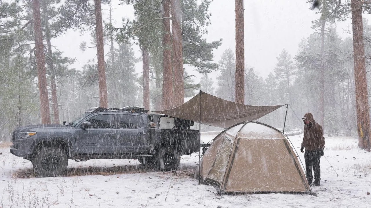 Solo Hot Tent Camping in a Snow Storm, Wood Stove [ ASMR ]