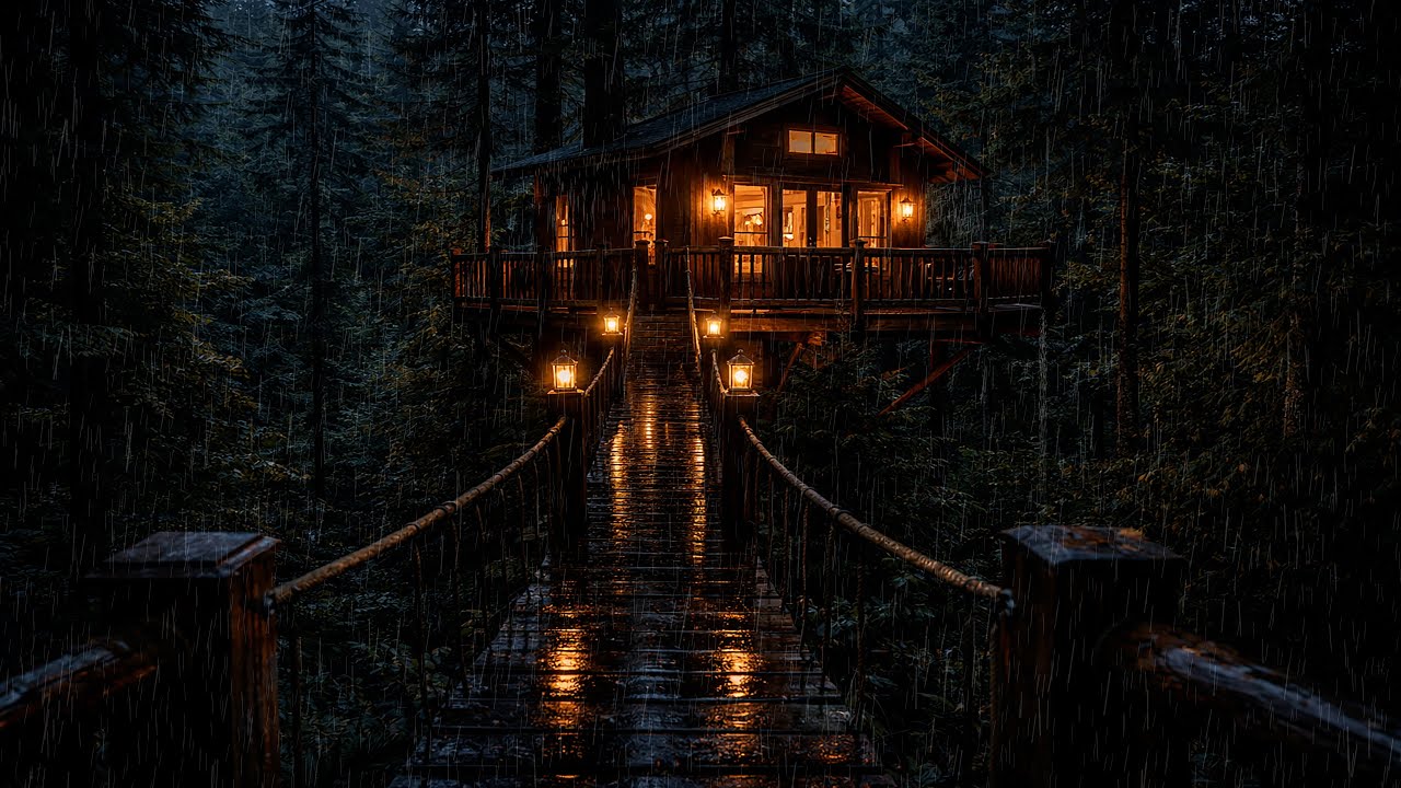 Cozy Rainy Treehouse Cabin Ambience 🌧️🌲 | Soft Thunder, Forest Rain for Sleep, Relax & Focus (4K)