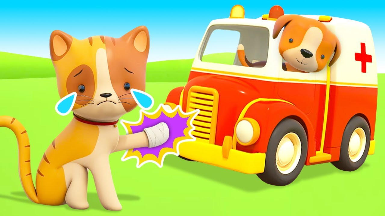 ¡El gatito está en peligro! Dibujos animados de ambulancia.