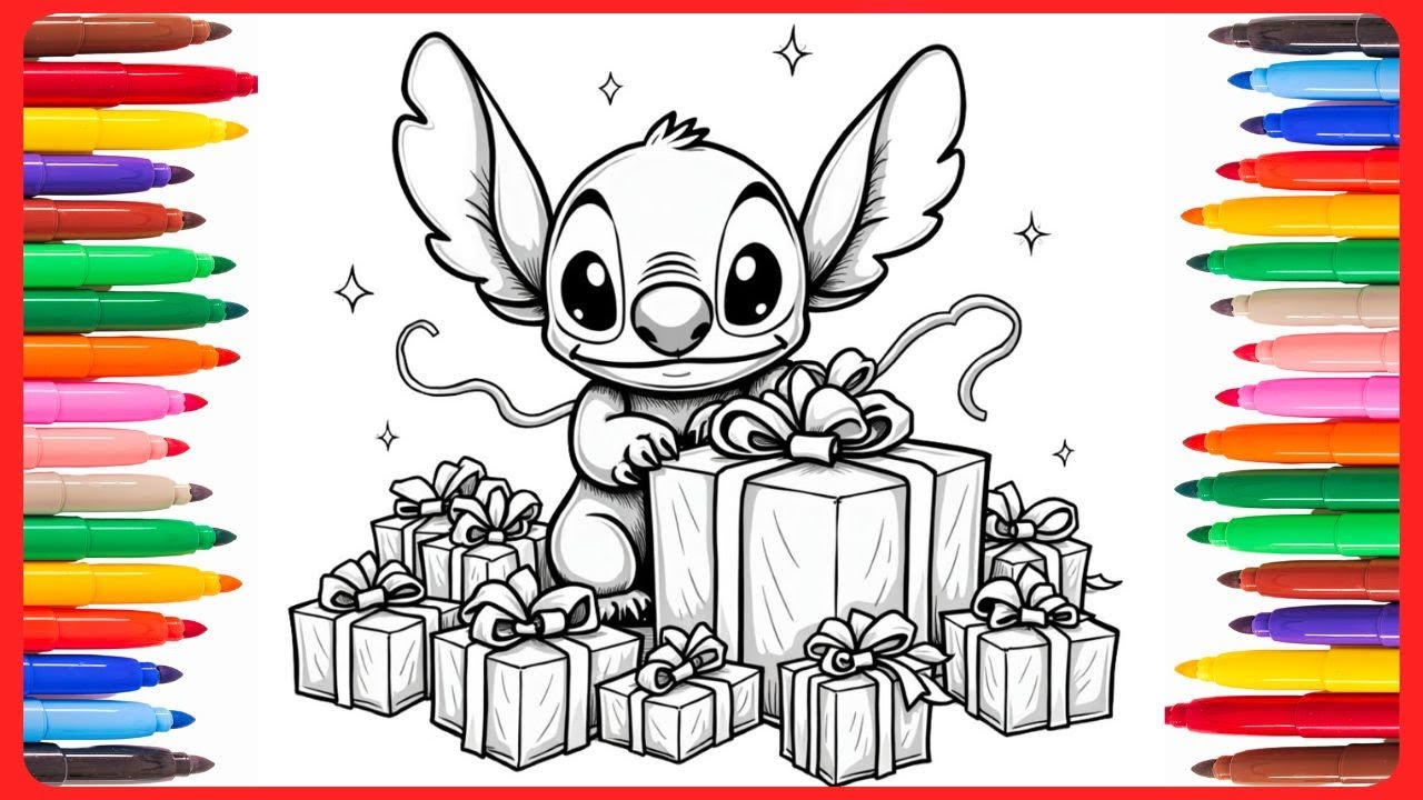 Coloriage Stitch 🎁 | Dessin de Noël avec des Cadeaux à Colorier !