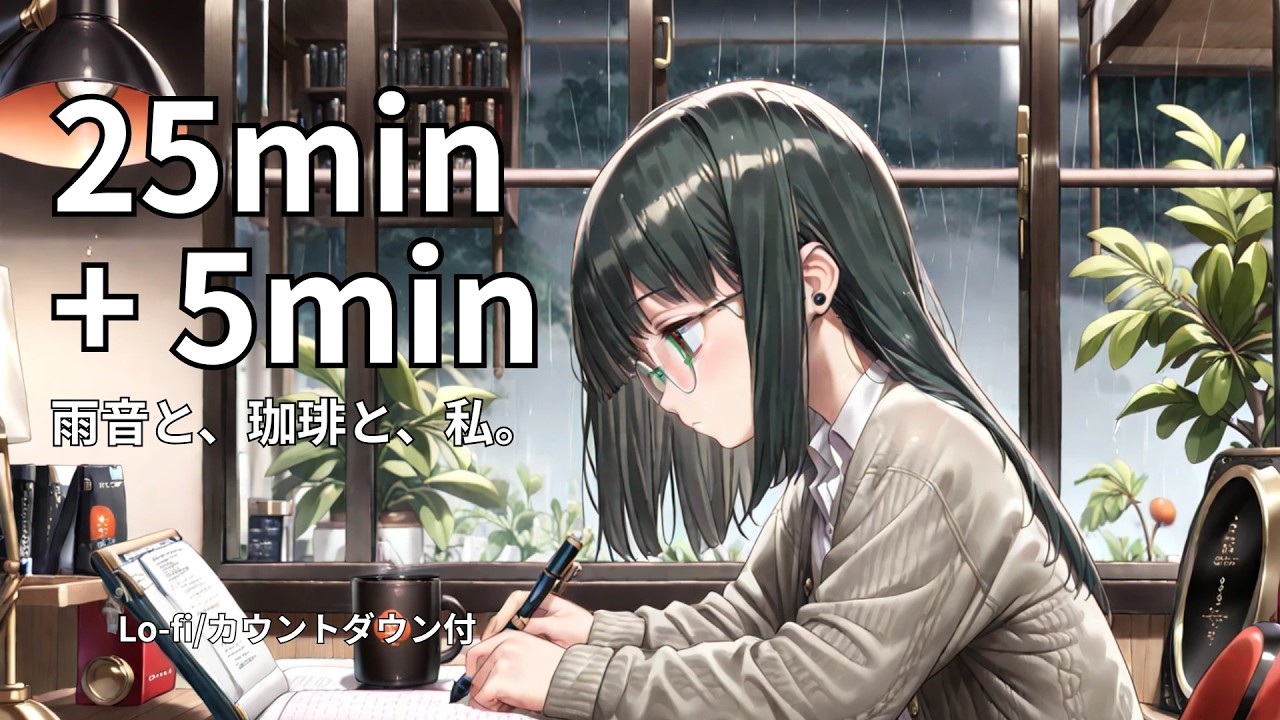 【レトロ喫茶】琥珀色の時間。雨音と、頁をめくる音。25分間の没入。｜ポモドーロタイマー｜勉強用BGM｜Nostalgic Cafe & Rain ASMR