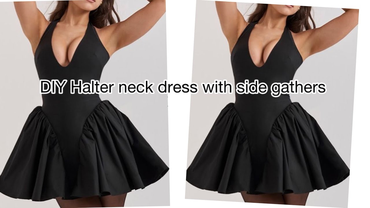 DIY easy halter neck dress with side gathers/  beginner friendly no pattern dress
