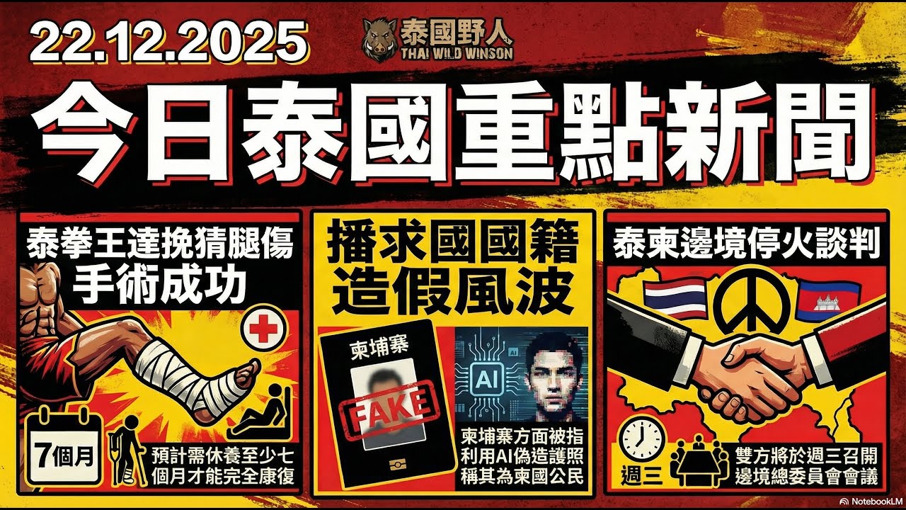【22.12.2025 今日泰國】泰拳王達挽猜腿傷手術成功休養至少七個月｜播求國籍造假風波柬方AI偽造護照｜泰柬邊境停火談判週三召開GBC會議 #泰國 #今日泰國