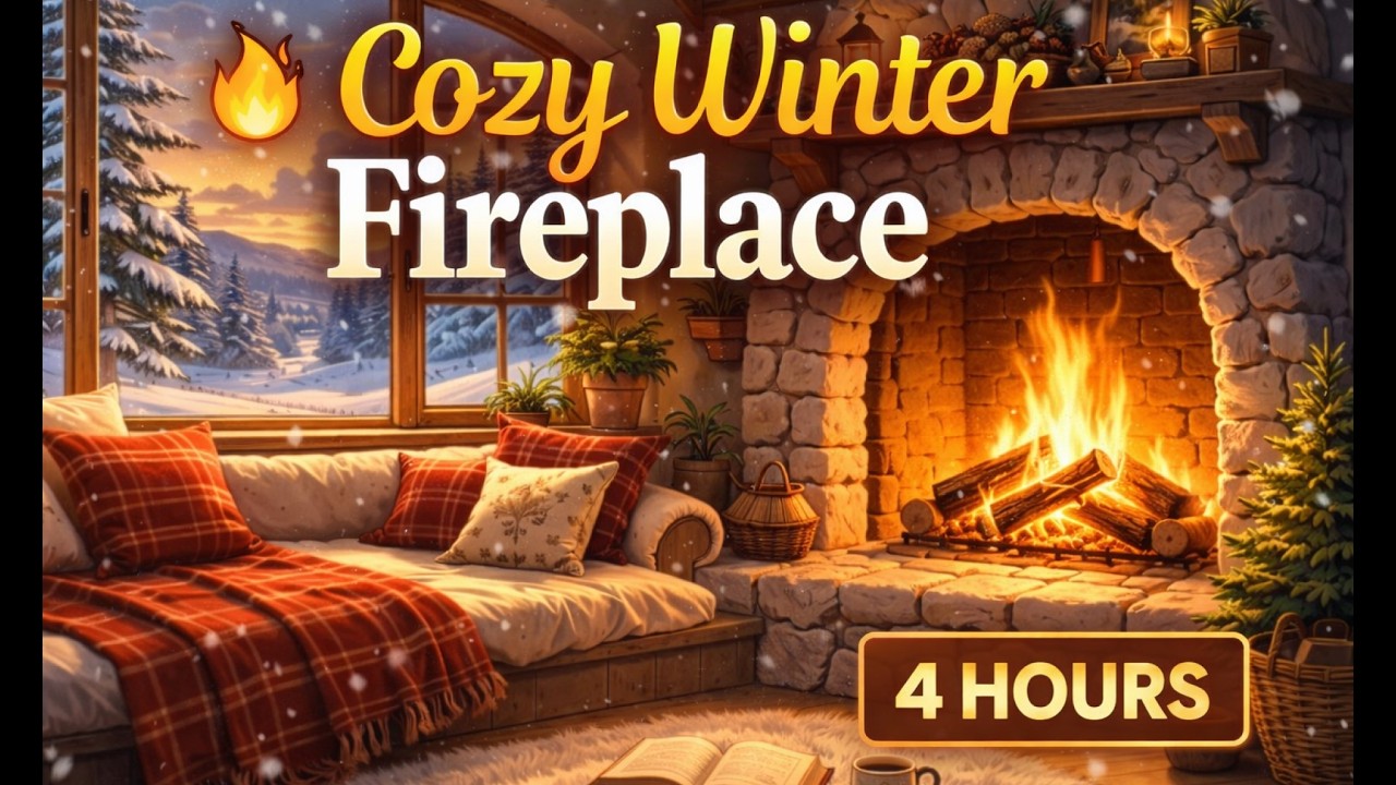 Cozy Winter Fireplace 🔥 4 Hours Crackling Fire Sounds | Relax, Study, Sleep