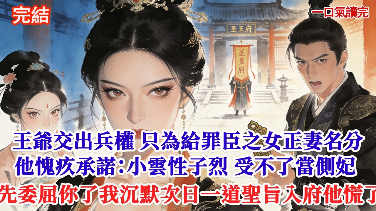王爺交出三省兵權，只為給罪臣之女一個正妻名分，他愧疚承諾：小雲性子烈，受不了當側妃，先委屈你了。我默不作聲，次日一道聖旨入府他慌了#追妻火葬場#愛情#小說#古言 #有聲小說 #情感故事