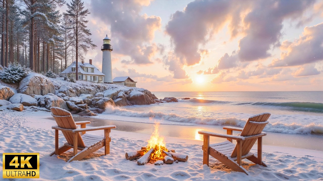 Winter Beach Sunset Ambience❄️Soft Piano Music with Crackling Fire Pit & Ocean Waves for Relaxation