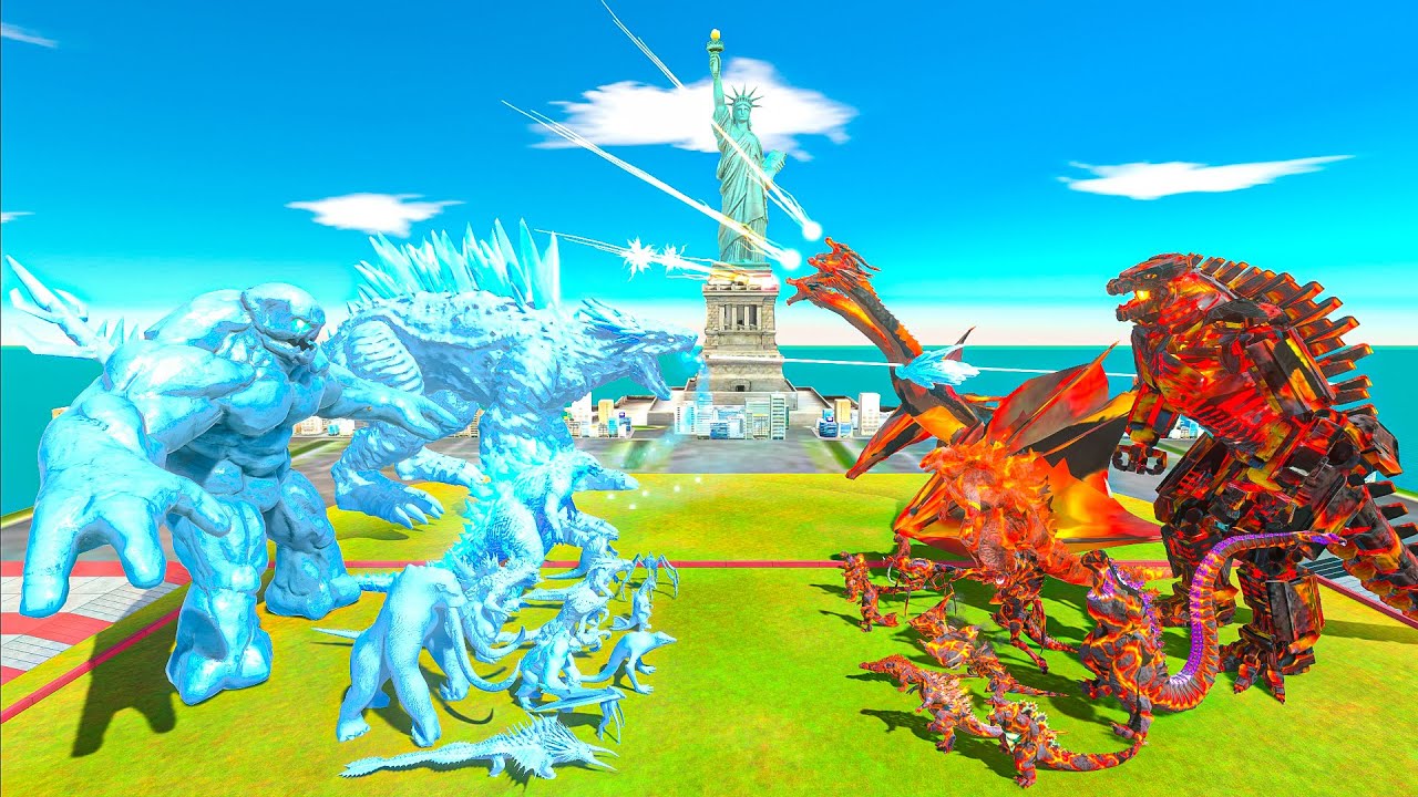 Team Lava King Ghidorah vs Team ICE Shimo - Animal Revolt Battle Simulator