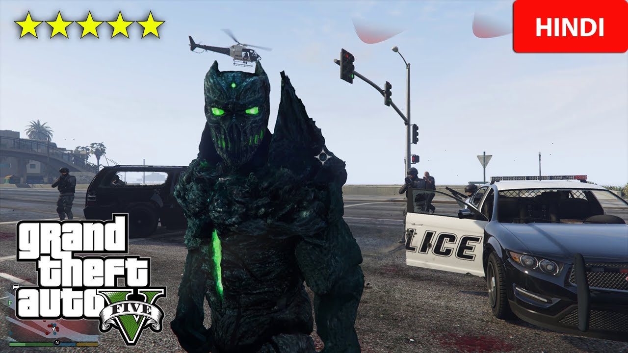 GTA V — Геймплей мода «The Gate Monster» против 5-звёздочного уровня розыска | Комментарий на хинди