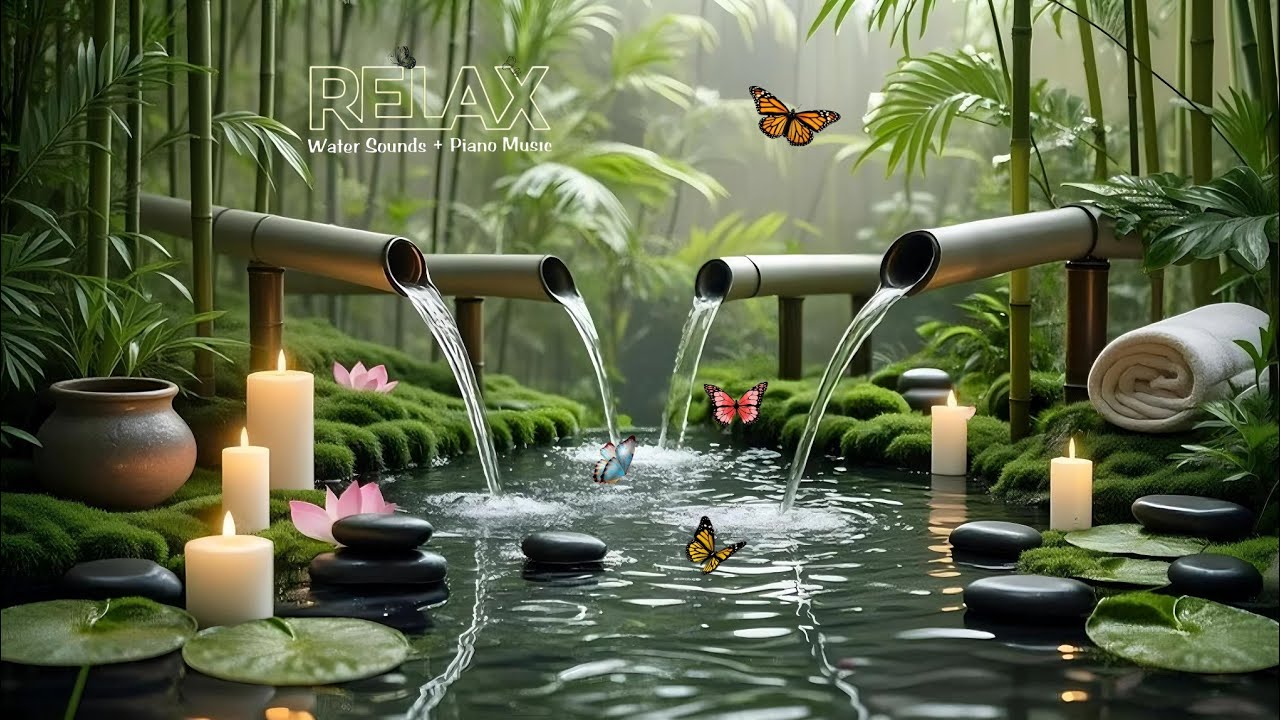Relaxation Music: Bamboo Water Fountain + Healing Piano 🌿 Sleep Music, Meditation and Nature Sounds