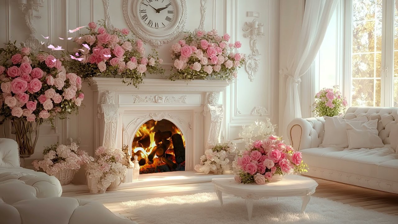 Cozy Summer Living Room 🌺 Soft Piano Music & Fireplace Sounds for Relaxation, stress, Inner Peace