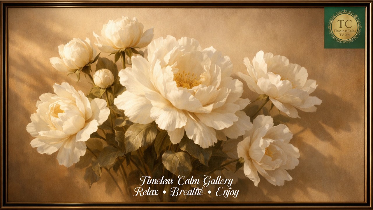 Golden Ivory Peonies in Soft Light | Luxury Floral Wall Art for TV | Timeless Calm Gallery