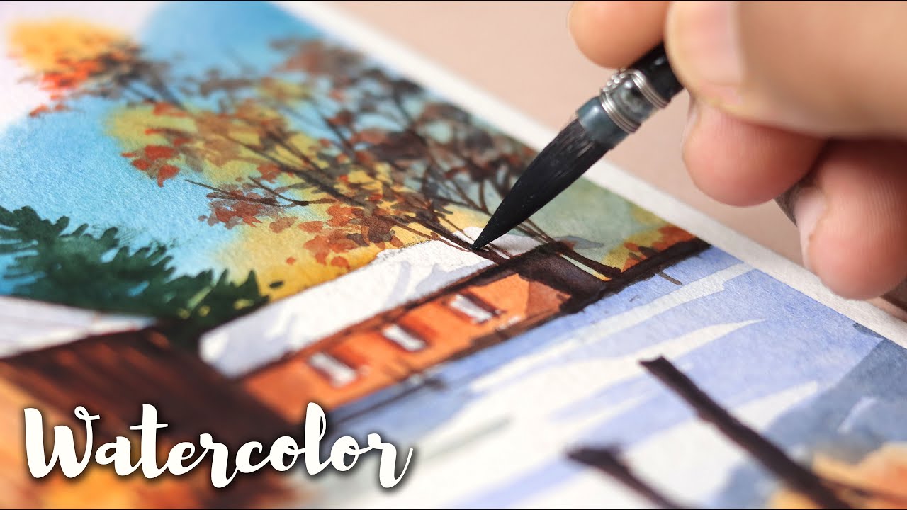 Beautiful Watercolor Painting of Shadows and Rural House Landscape easy