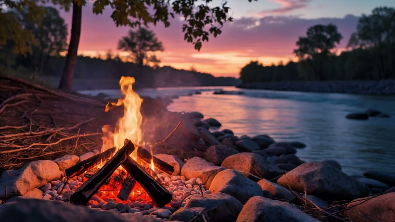 Peaceful Campfire by the River at Sunset 🔥 Soft Crackling Flames & Flowing Water Sounds