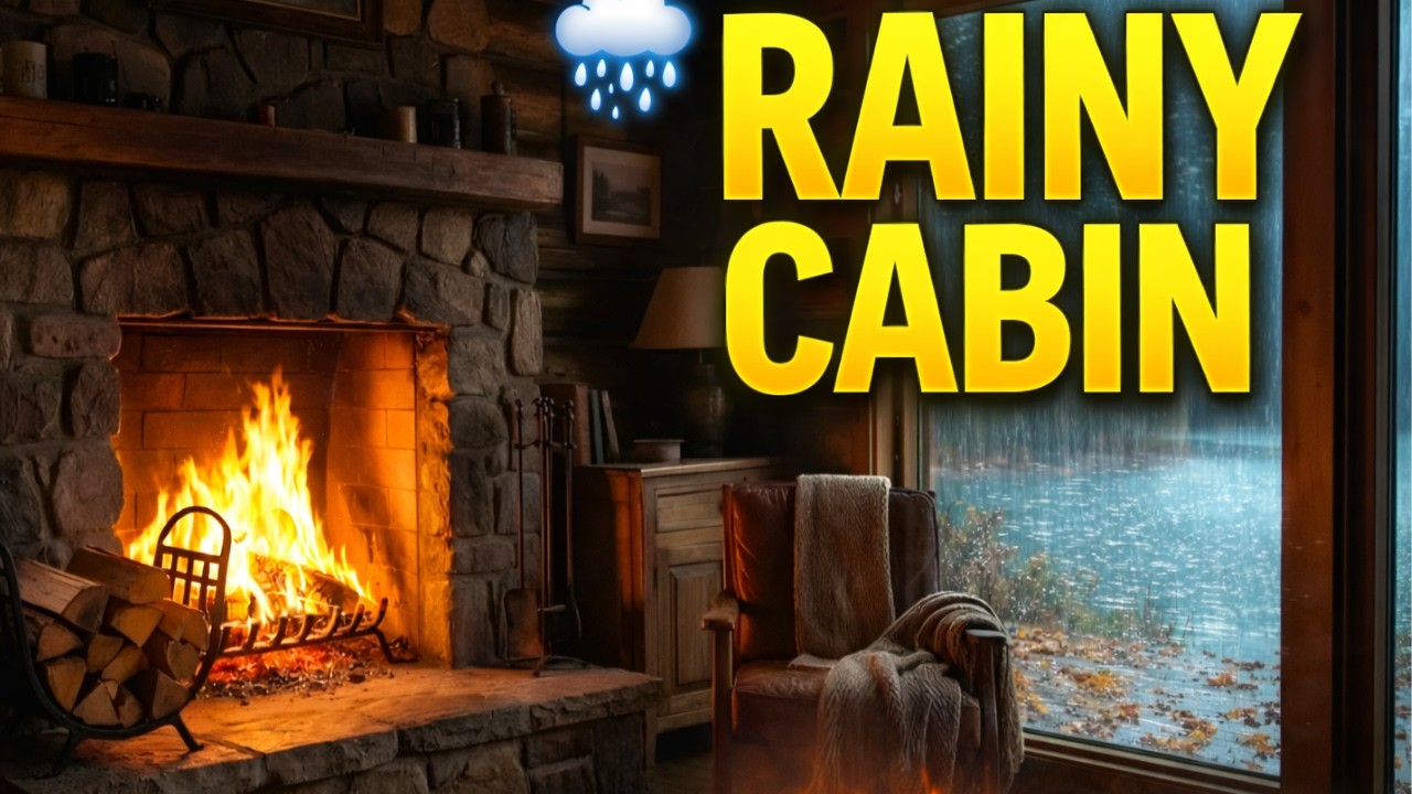 Cozy Cabin Fireplace 🔥 Rain & Gentle Thunderstorm Sounds for Sleep | Relaxing Lake Cabin Ambience