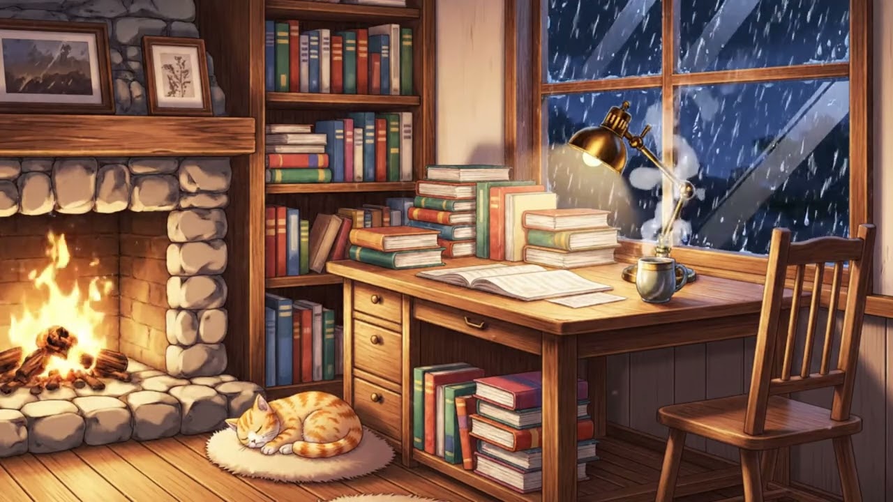 Anime Lo-Fi Fireplace 🌙 Cozy Beats to Study, Focus & Relax | Rainy Night Ambience (1 Hour