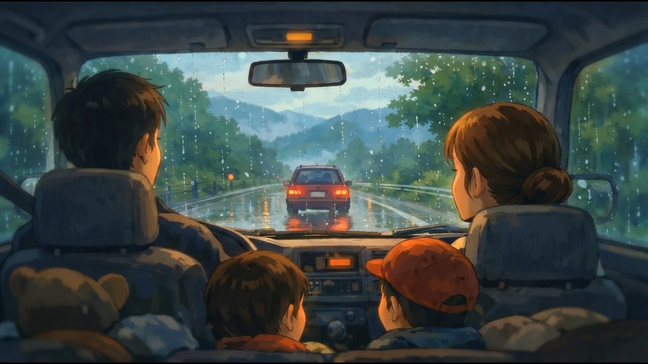 A Cozy Rainy Road Trip with Family in Car | Ghibli Style ASMR
