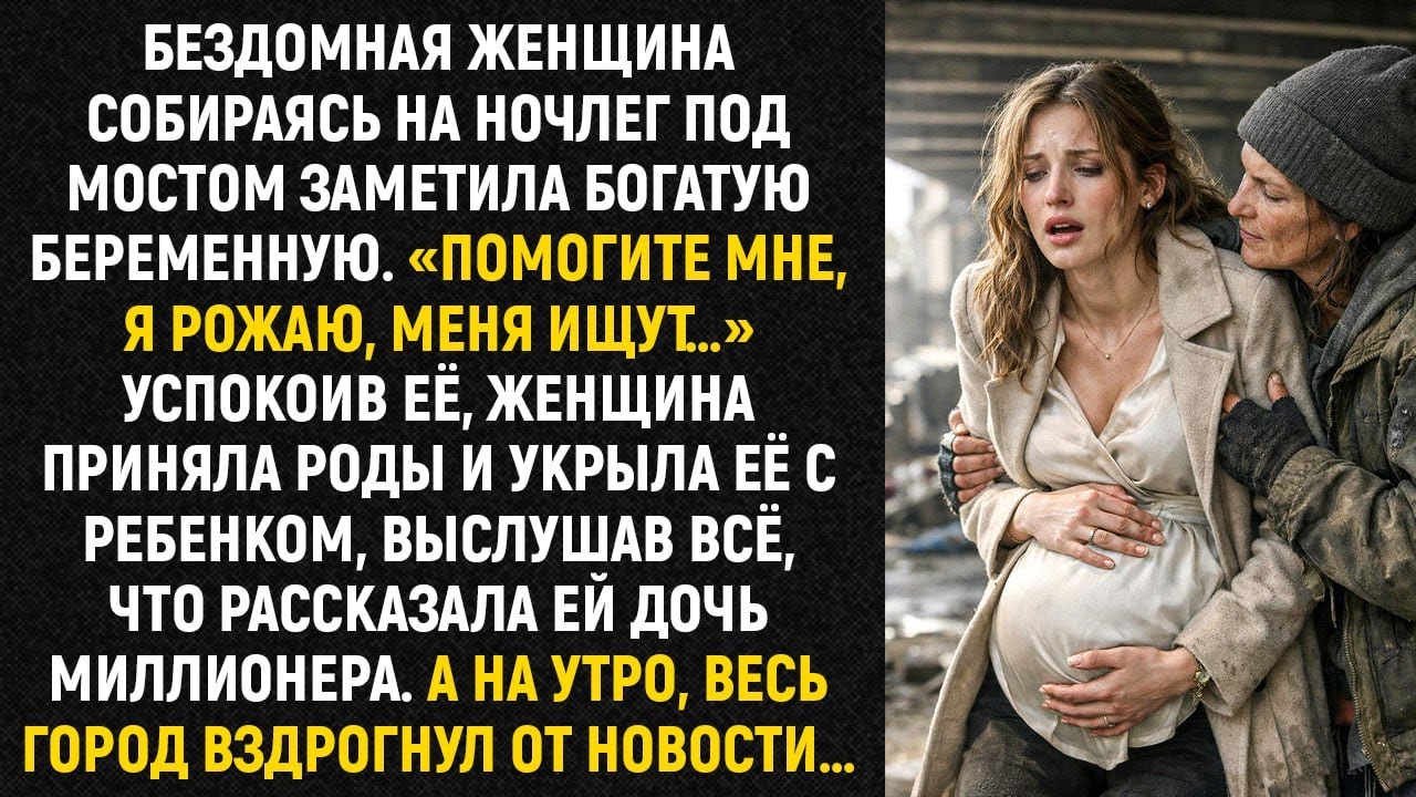 Бездомная женщина собираясь на ночлег под мостом заметила богатую беременную. «Помогите мне, я рожаю