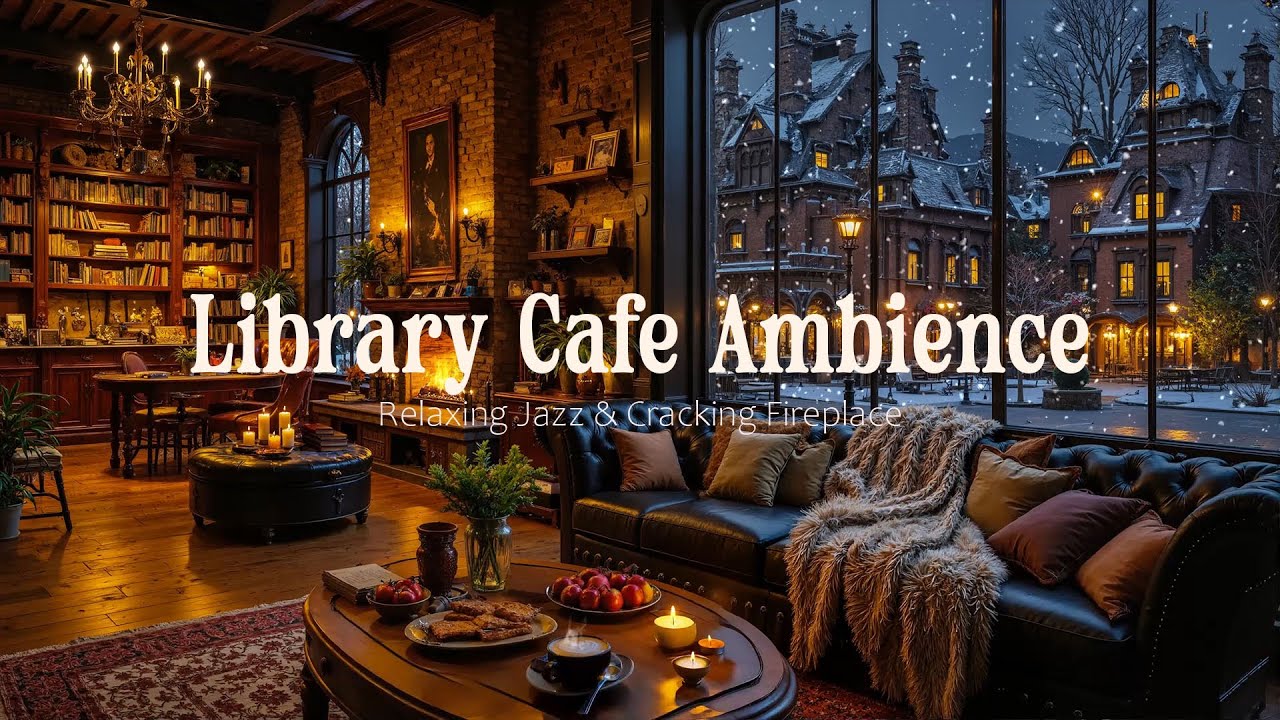 Cozy Winter Jazz in Bookstore Cafe Ambience ☕ Smooth Piano, Fireplace Sounds & Snowfall for Focus