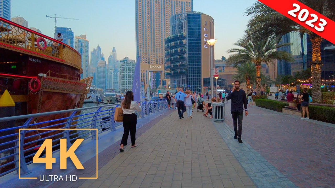 Dubai Marina 🇦🇪 United Arab Emirates | Evening Street Walk | 4K | Night | Virtual Walking 2023