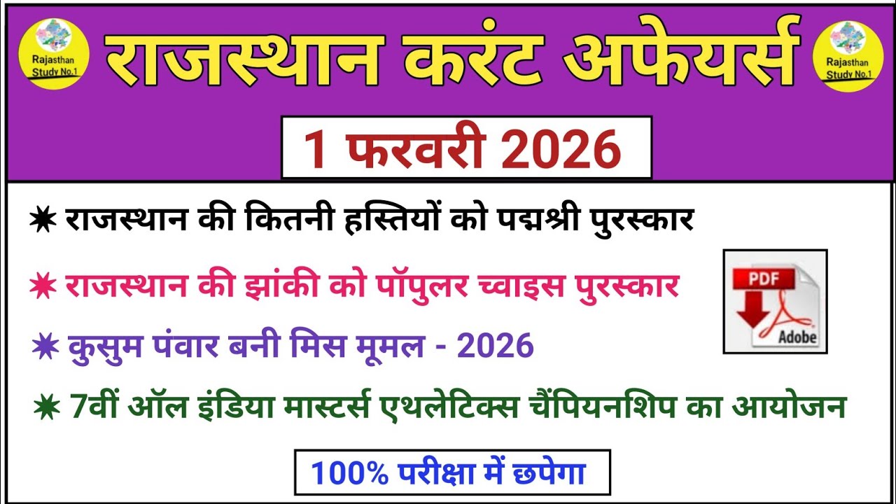 1 February 2026 Rajasthan Current Affairs in hindi l Today Current Affairs l RAS l SI l CET l LDC 