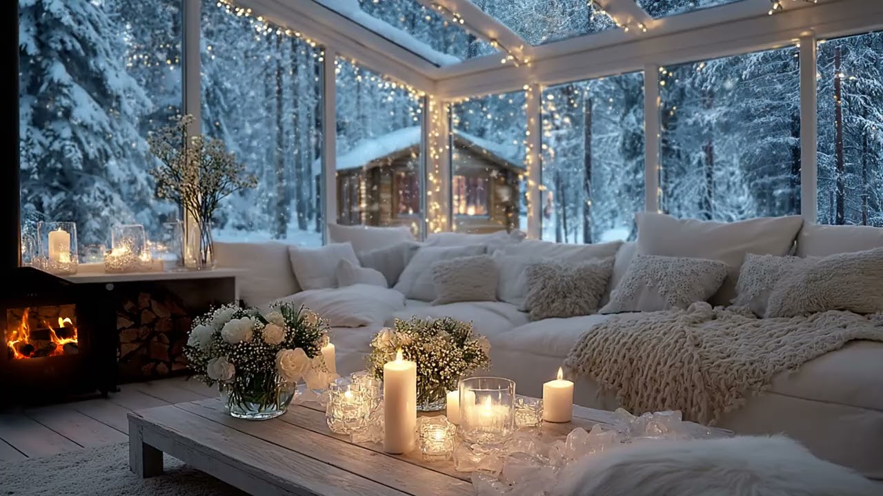 🤍🌸 Elegant Piano Lounge | Candles Flowers & Snow for 3 Hours | Stress Relief Focus Study Meditation