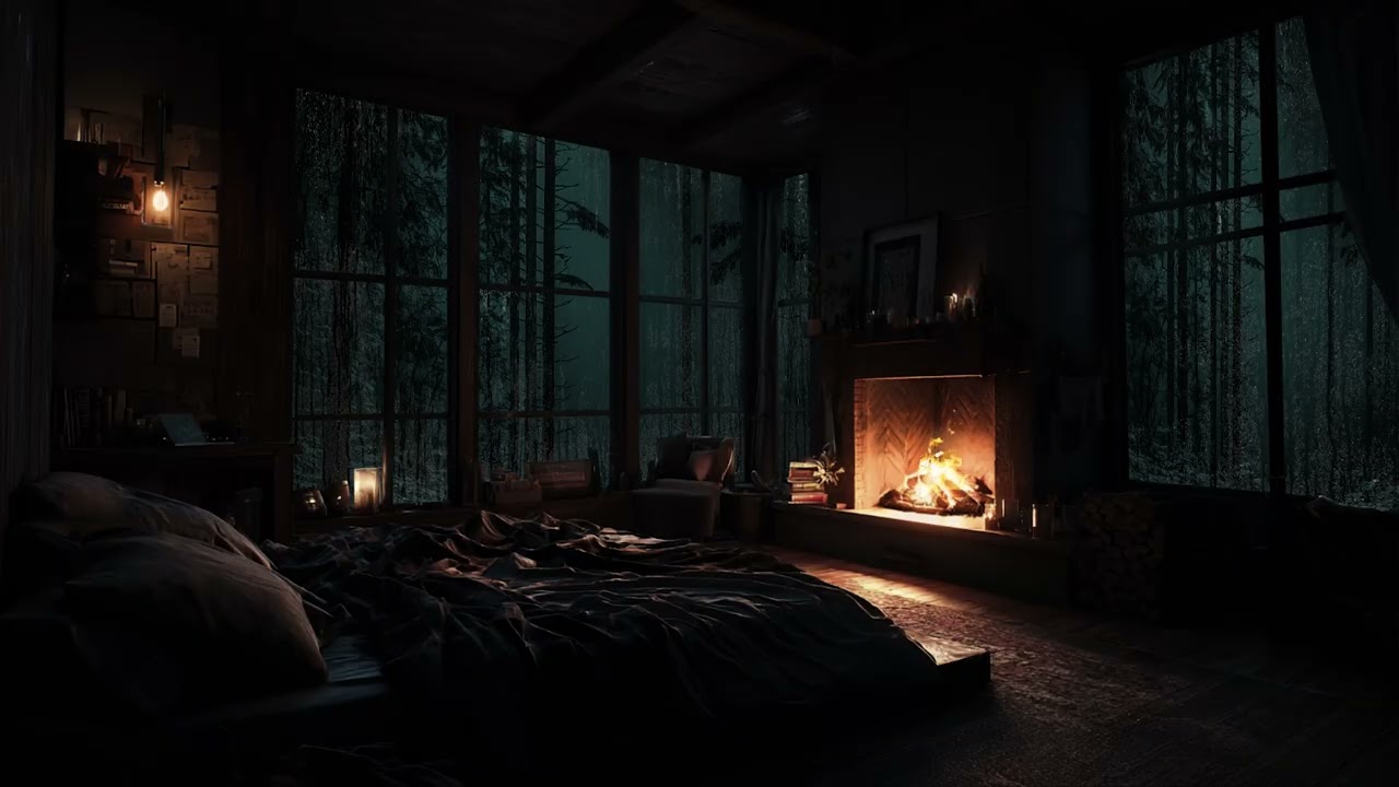 Rain falling gently around a quiet forest cabin with warm fireplace sounds through the night