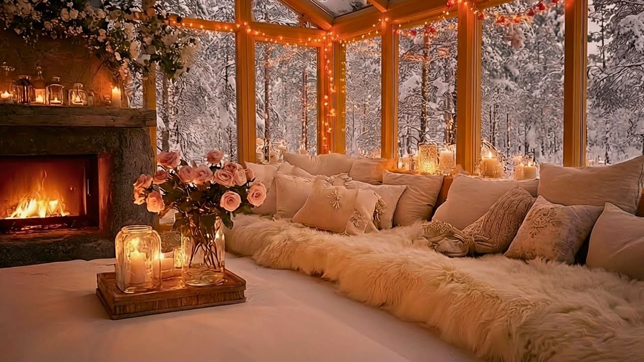 Peaceful Piano in a Snowy Cabin 🎹 Fireplace Crackling & Winter Ambience for Deep Rest