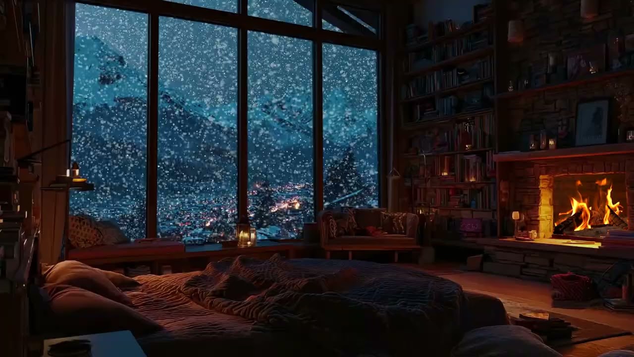 Peaceful Winter Cabin Ambience ❄️ Heavy Snow Outside, Crackling Fire ASMR, Cozy Night Atmosphere
