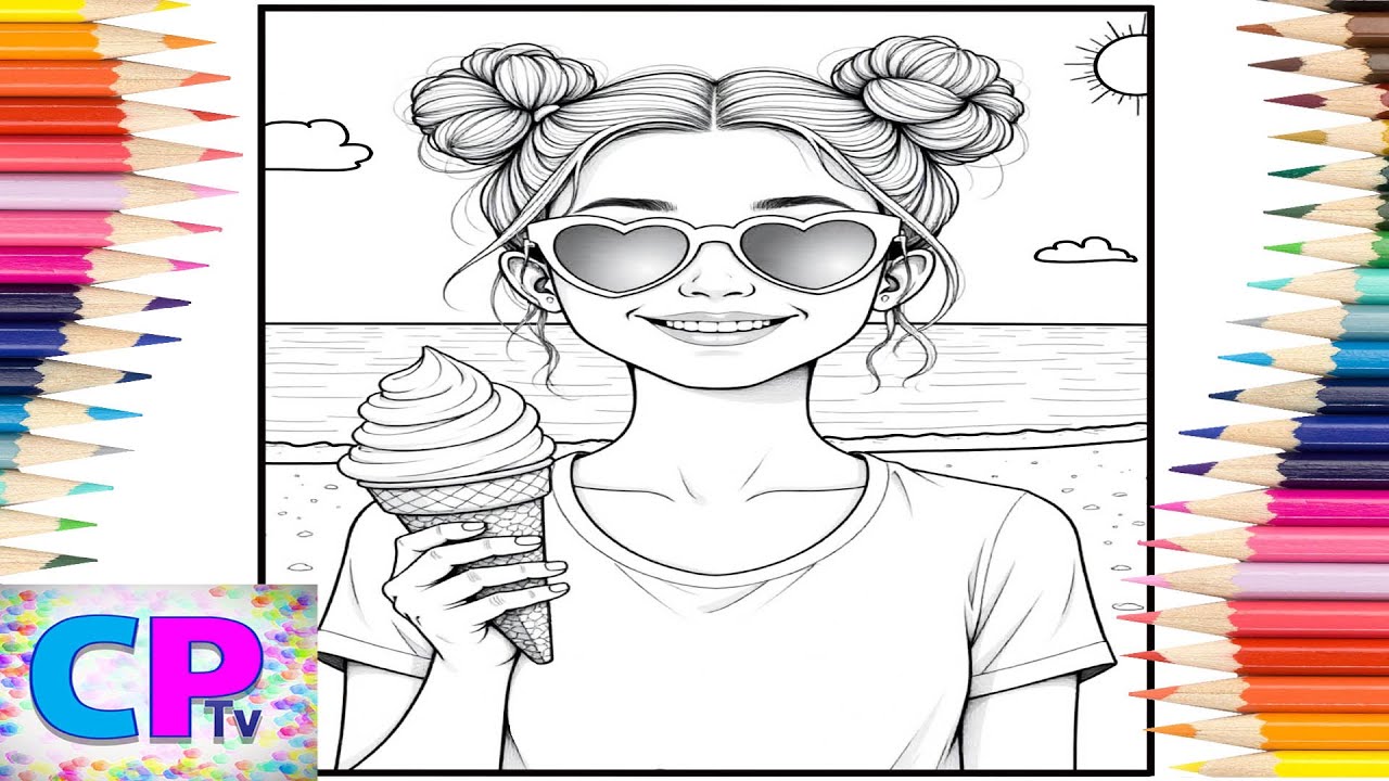 Happy Girl with Ice Cream on the Beach/Real Life Coloring Book/Drawing Art/Creative Video/Relaxing