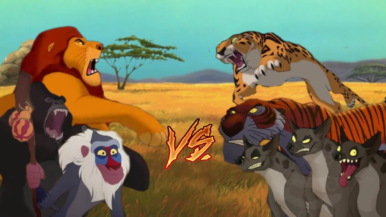 Муфаса 🦁 & Керчак 🦍 & Рафики 🐒 vs Шерхан 🐯 & Сабор 🐆 & Гиены 🐕🐕🐕