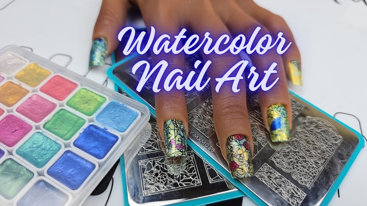 How To: Watercolor Nail Art & Reverse Stamping 🎨✨#maniology #nails #temu