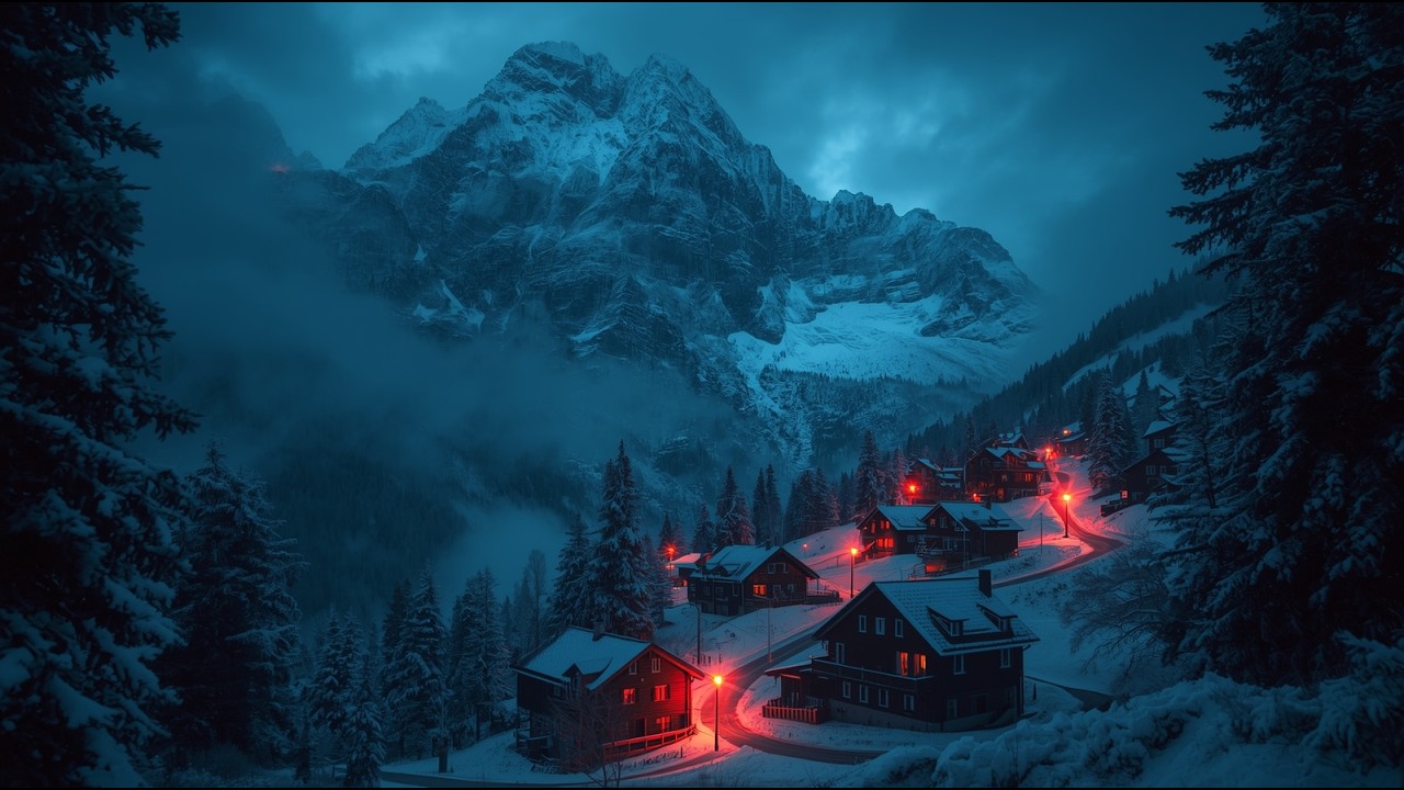 Relax & Sleep Peacefully ❄️ Snowy Mountain Village Night with Cozy Fireplace Crackling