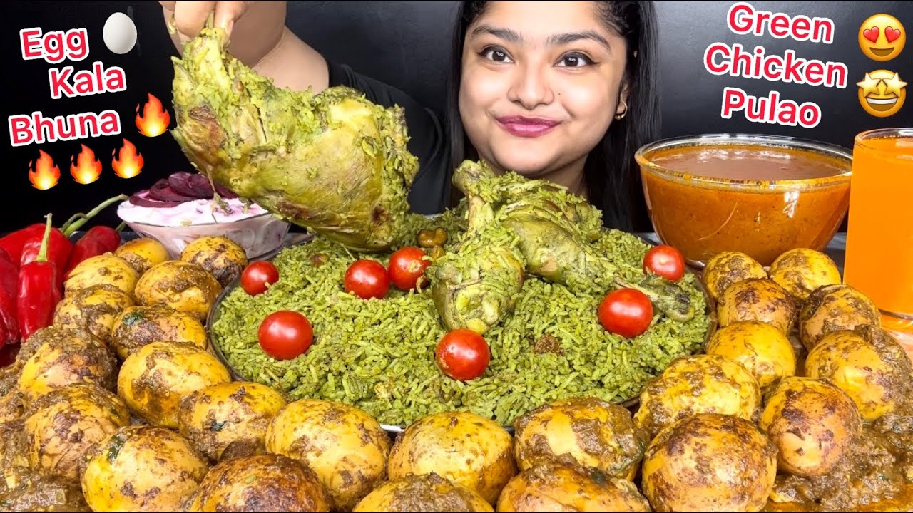 GREEN CHICKEN PULAO WITH SPICY EGG KALA BHUNA, SPICY EXTRA GRAVY, RAITA AND CHERRY TOMATOES |MUKBANG
