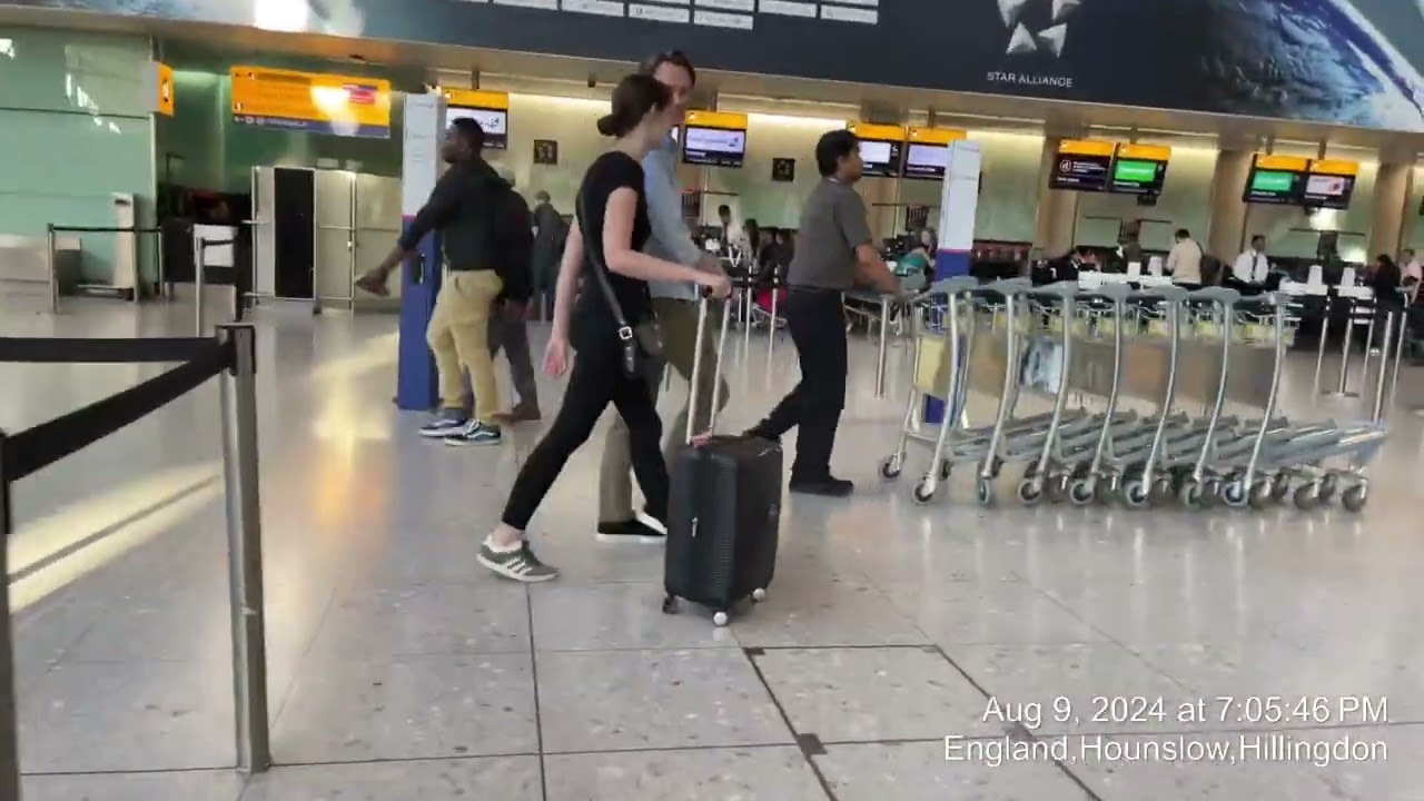 Terminal 1 from Taxi to Flight Boarding Gate A17 at London Heathrow International Airport, UK