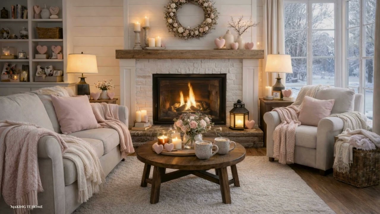 Relaxed Valentine Living Room Ambience 💕🔥 | Crackling Fireplace & Soft Jazz 🎷