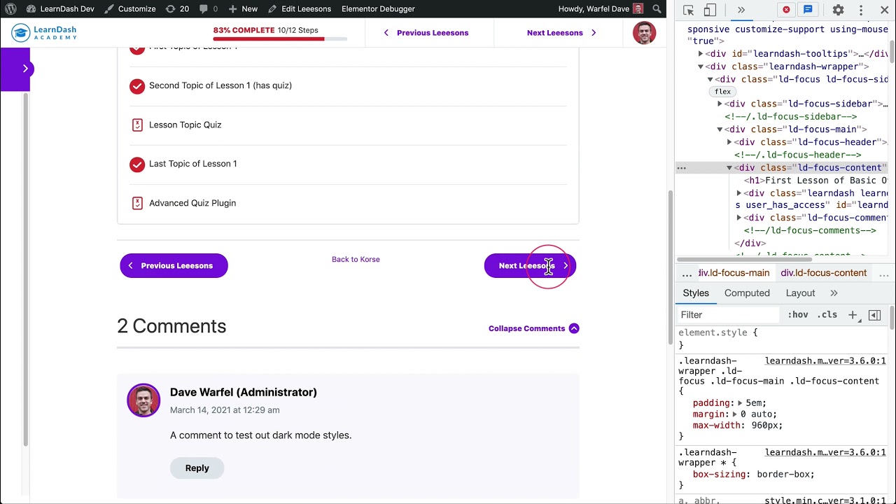 Adjust LearnDash Focus Mode Content Spacing/Padding