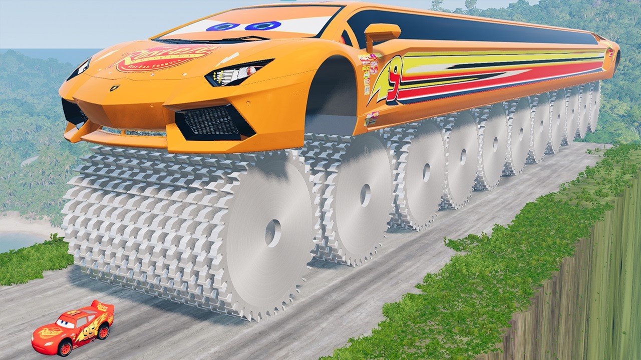 GIANT  LAMBORGHINI MCQUEEN with HUGE Saw Wheels vs Small Lightning McQueen | BeamNG.Drive