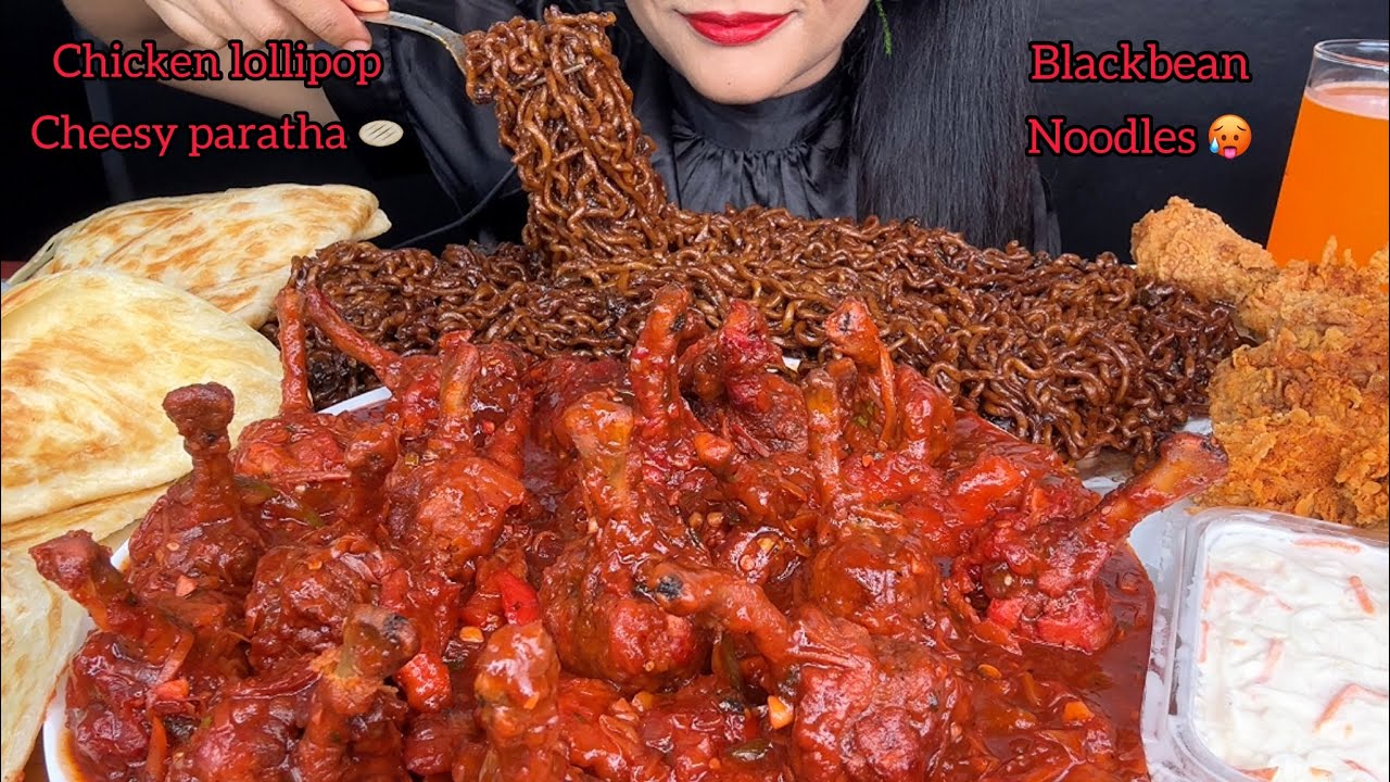 ASMR EATING CHEESY PARATHA,SPICY BLACKBEAN NOODLES,CHICKEN LOLLIPOP,FRIED CHICKEN