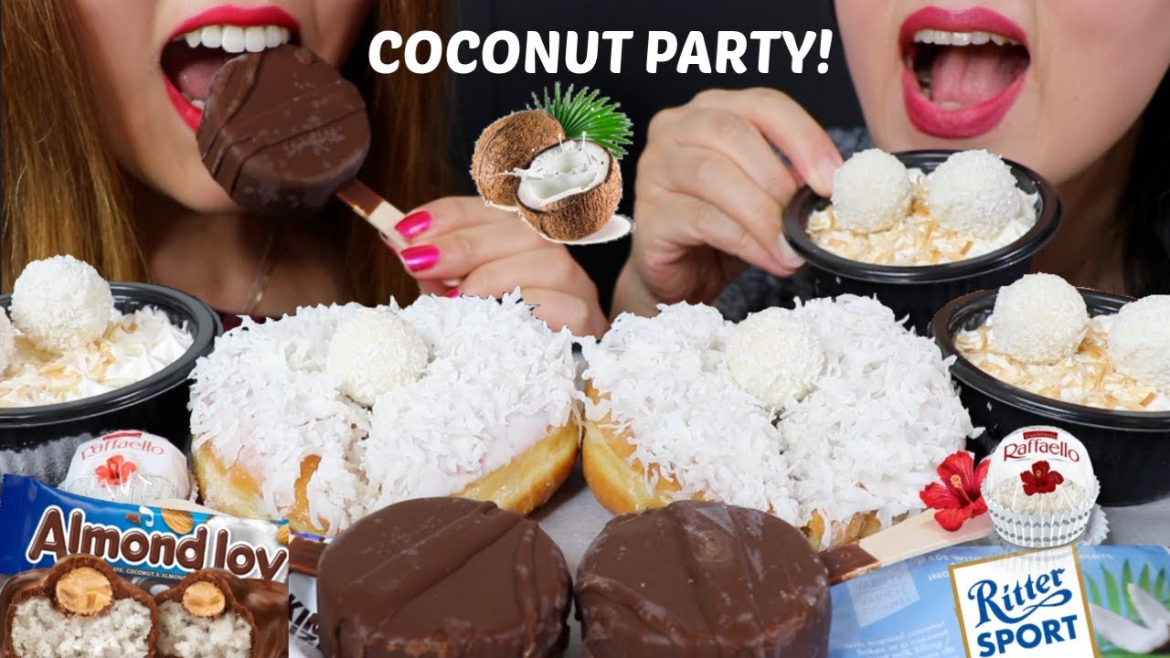 ASMR COCONUT PARTY! (Chocolates, Ice Cream Bars, Donuts) 리얼사운드 먹방 チョコレートcoklat चॉकलेट | Kim&Liz ASMR
