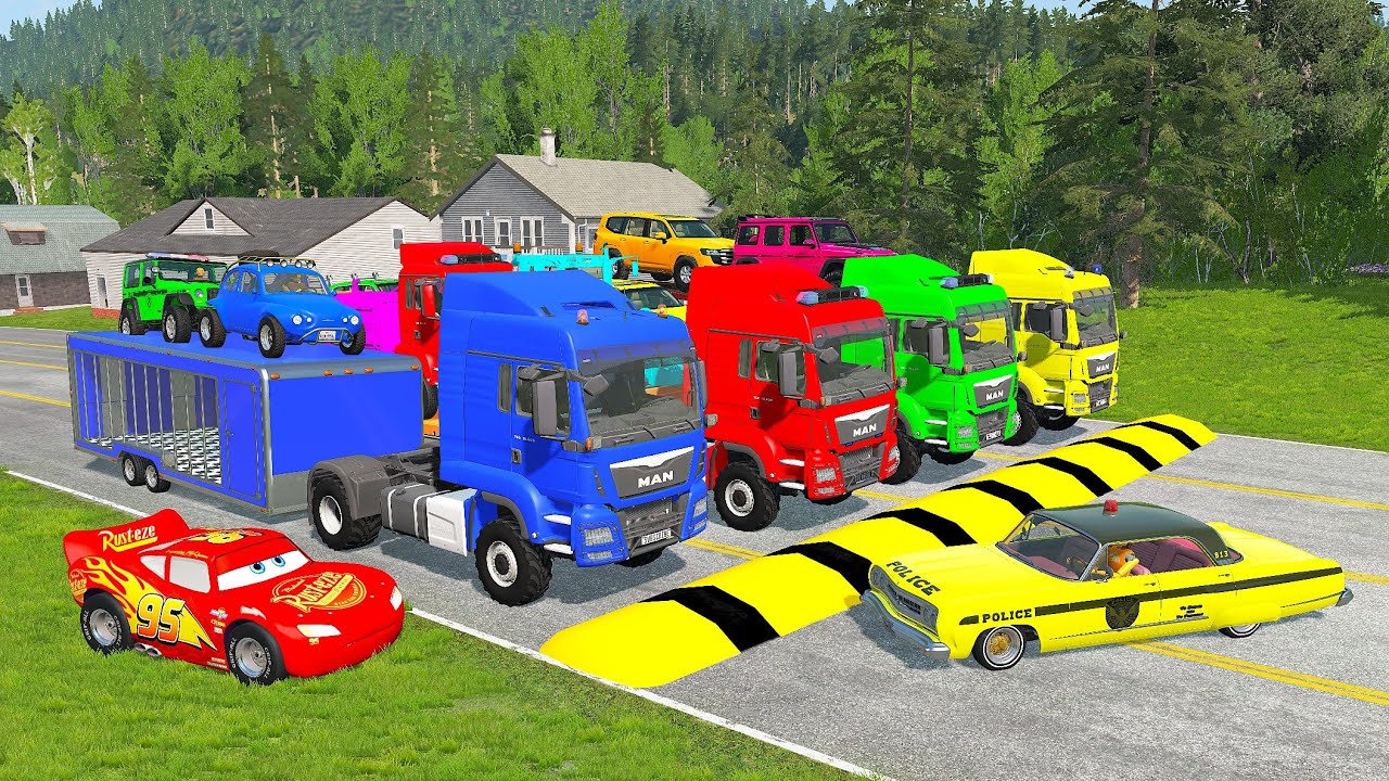 Flatbed Truck McQueen | Transportation with Truck - Pothole vs Car #27 | BeamNG.Drive Gameplay