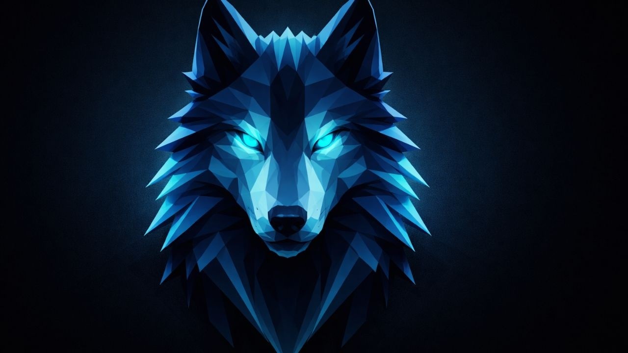 Mystic Blue Wolf with Glowing Eyes – Low Poly Digital Art 4K | Dark Aesthetic Wallpaper